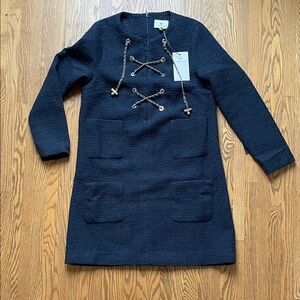 NWT Tuckernuck Navy Tie Tweed Kelly Dress with gold chain detail